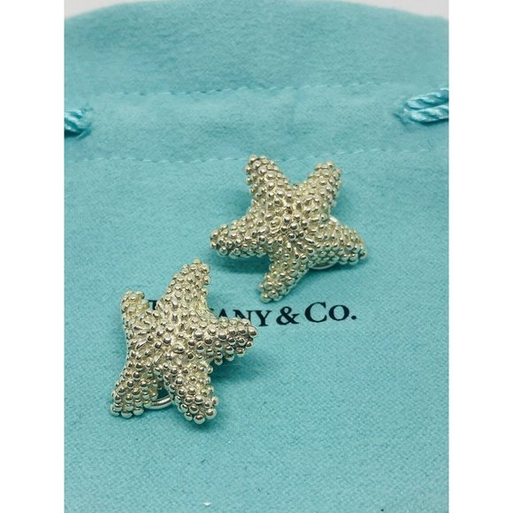 Tiffany & Co Silver Large Bumpy Starfish Coral Clip On Earrings in Pouch - Picture 1 of 9